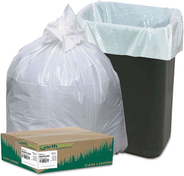 Earthsense Commercial RNW1K150V Recycled Can Liner, 13 gal, .85 mil, 24" x 33", White (Pack of 150) - Image 1
