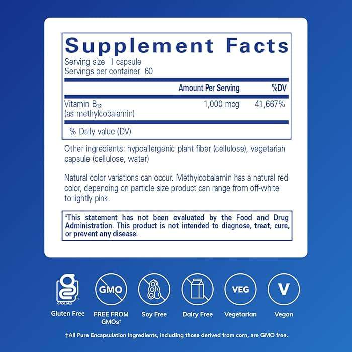 Pure Encapsulations Methylcobalamin 1,000 mcg - Vitamin B12 Supplement to Support Memory & Nerve Health* - Premium Vitamin B12 Capsules - 60 Capsules - Image 2