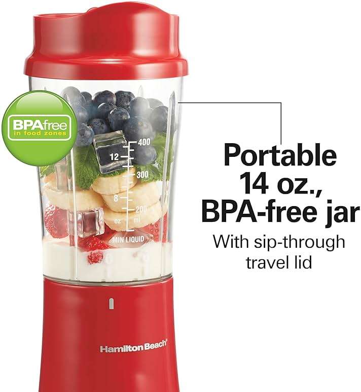 Hamilton Beach Portable Blender for Shakes and Smoothies, 14 Oz BPA Free Travel Cup & Lid, Durable Stainless Steel Blades, Personal Smoothie Blender, Red (51101RV) - Image 9