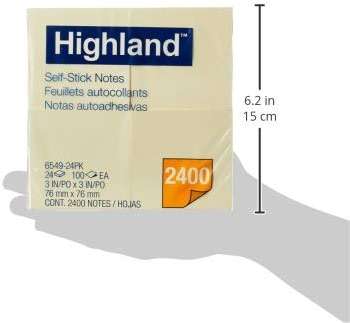 Highland Sticky Notes, 3 x 3 Inches, Yellow, 24 Pack (6549-24) - Image 2