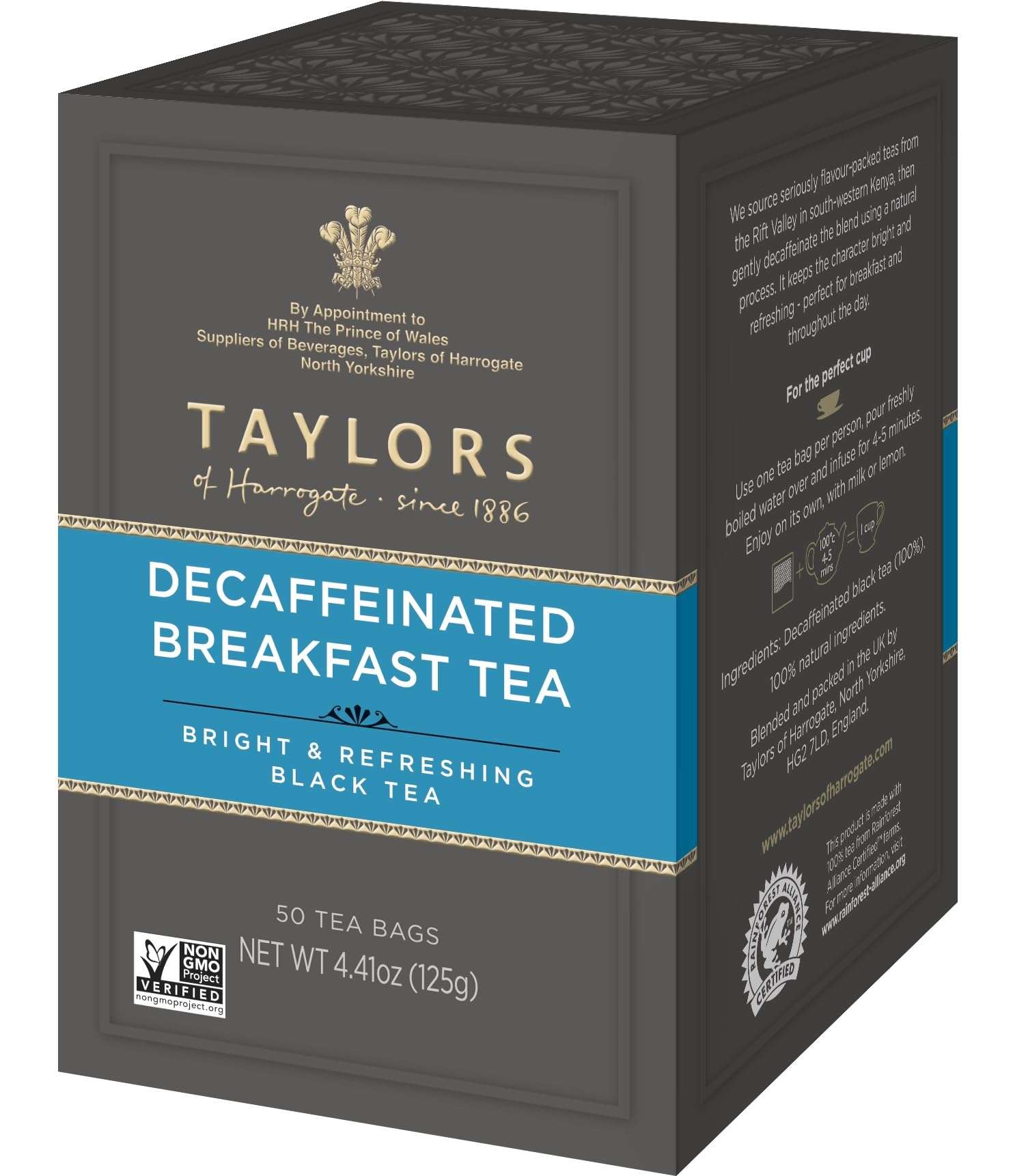 Taylors of Harrogate Decaffeinated Breakfast, Black Tea, Pillow Bags, 50 Count, (Pack of 1) Rich, Bright & Balanced, Decaffeinated, Enjoy Hot or Iced, 50 Teabags - Image 1