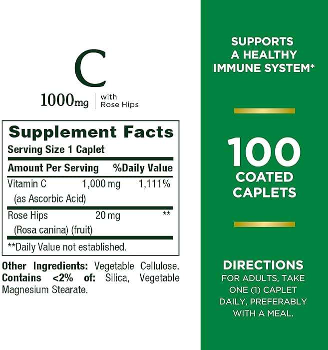 Nature’s Bounty Vitamin C + Rose Hips, Immune Support, 1000mg Vitamin C, Coated Caplets, 1 Serving per Day, Vegetarian Caplets, 100 Ct - Image 2