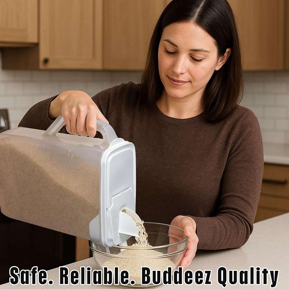 Buddeez Bulk Food Storage Container - 8 Quart All Purpose Clear & Large Pantry and Kitchen Organization and Storage - Cereal, Flour, Sugar, Rice Dispenser, EZ Grip Handle, EZ Pour Spout (White Lid) - Image 3