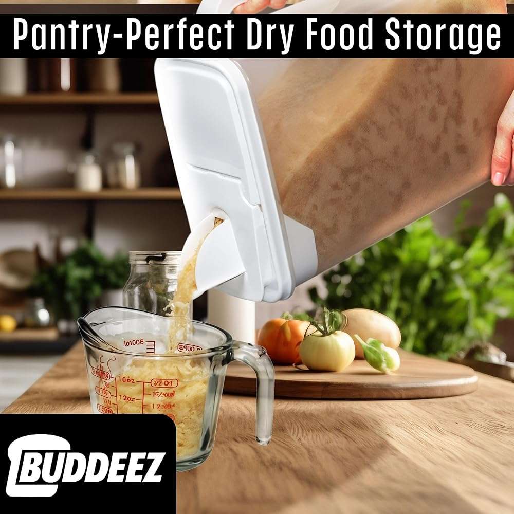 Buddeez Bulk Food Storage Container - 8 Quart All Purpose Clear & Large Pantry and Kitchen Organization and Storage - Cereal, Flour, Sugar, Rice Dispenser, EZ Grip Handle, EZ Pour Spout (White Lid) - Image 4