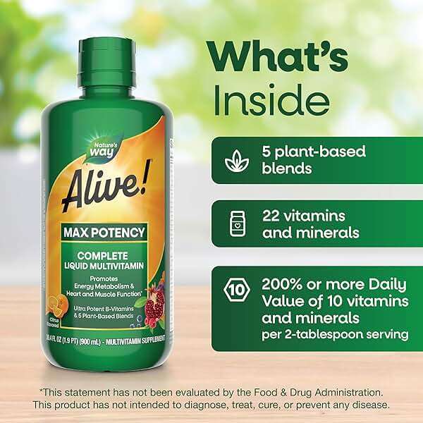 Nature's Way Alive! Max Potency Complete Liquid Multivitamin, Liquid Vitamin Promotes Energy Metabolism, Heart & Muscle Function* with Vitamins A, B, C, D, Multivitamins for Women & Men, 30.4 Fl Oz - Image 4