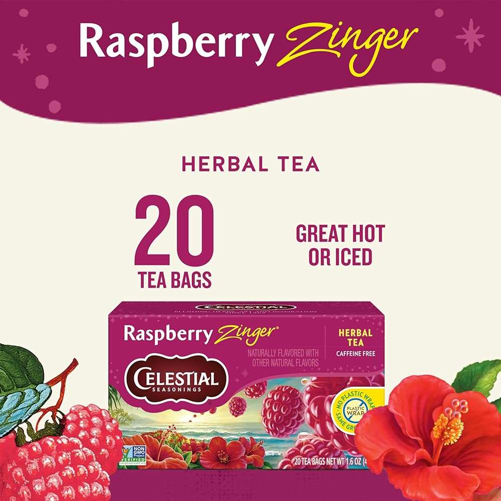 Celestial Seasonings Raspberry Zinger Herbal Tea, Caffeine Free, 20 Tea Bags Box - Image 2
