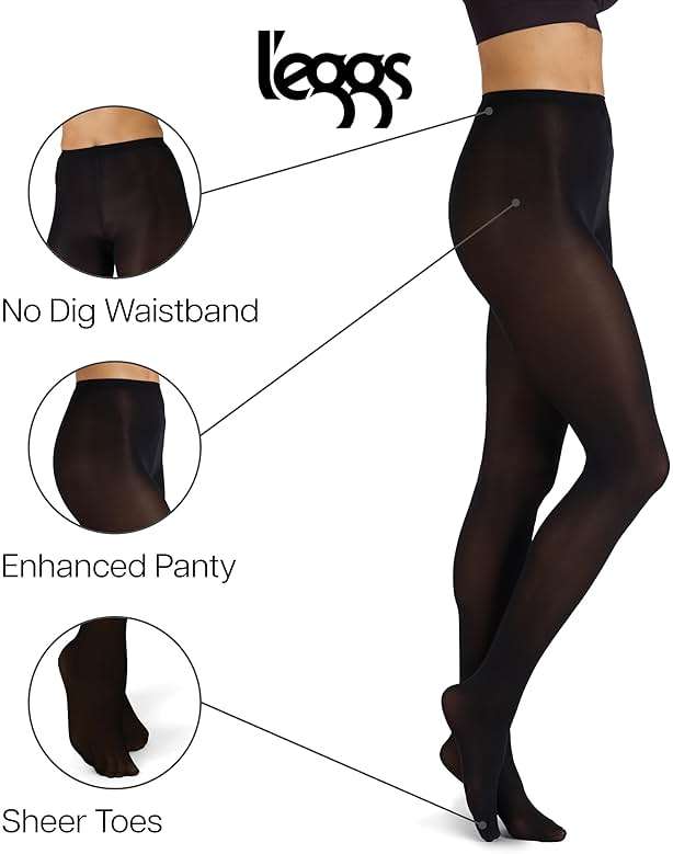 L'eggs Women's Casual Opaque Tights, Same to Waist, Sheer Toe, Black - Image 2