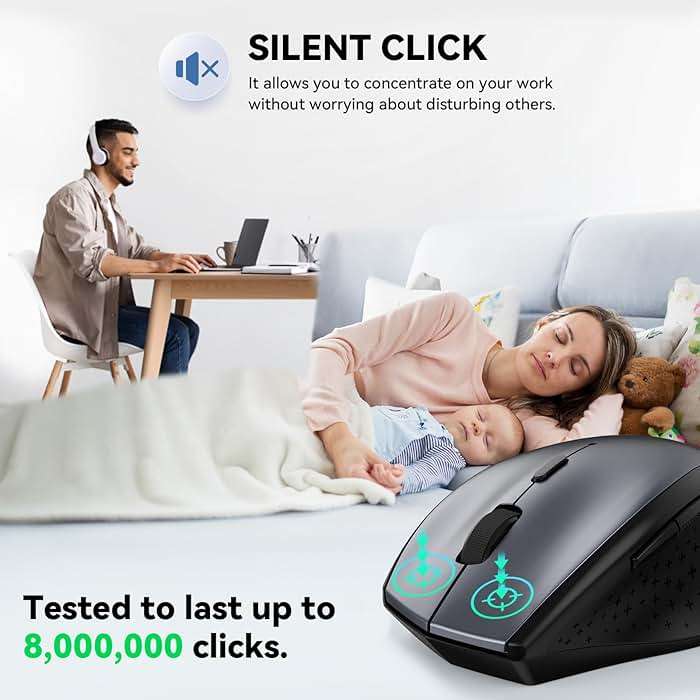 TECKNET Wireless Mouse, 2.4G USB Computer Mouse with 6-Level Adjustable 4800 DPI, Silent Quiet Click，30 Months Battery, Ergonomic Grips, 6 Buttons Portable for PC, Chromebook, Mac - Grey - Image 3