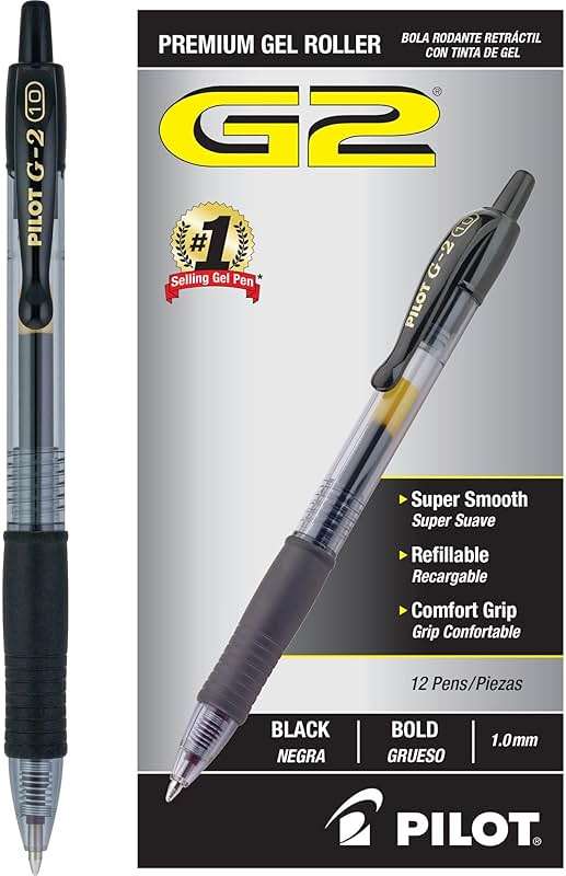 Pilot G2 Premium Refillable & Retractable Rolling Ball Gel Pens, Bold Point, Bold Gel Pens, 1.0mm, Black Ink, 12-Pack - Image 1