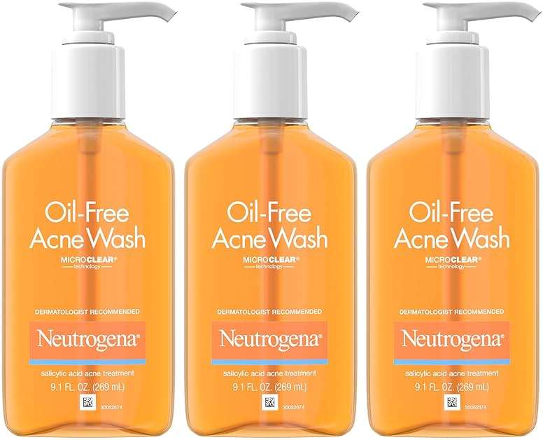 Neutrogena Oil Free Acne Face Wash for Oily Skin, Acne Control Cleanser with Salicylic Acid Noncomedogenic Residue-Free Facial Cleanser in Easy-Pump Bottles, 3 pack of 9.1 fl oz - Image 1
