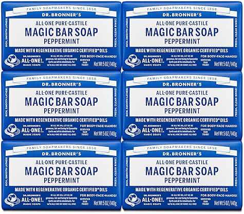 Dr. Bronner's Pure-Castile Magic Soap Bars (Peppermint, 5 oz, 6-Pack) - Made with Regenerative Organic Certified Oils - For Face, Body & Hair - Gentle, Vegan - Bar Soaps for Men & Women - Image 1