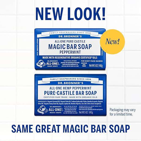 Dr. Bronner's Pure-Castile Magic Soap Bars (Peppermint, 5 oz, 6-Pack) - Made with Regenerative Organic Certified Oils - For Face, Body & Hair - Gentle, Vegan - Bar Soaps for Men & Women - Image 2