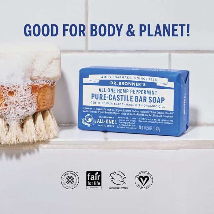 Dr. Bronner's Pure-Castile Magic Soap Bars (Peppermint, 5 oz, 6-Pack) - Made with Regenerative Organic Certified Oils - For Face, Body & Hair - Gentle, Vegan - Bar Soaps for Men & Women - Image 3