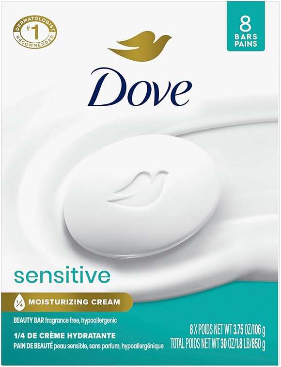 Dove Beauty Bar Soap Sensitive, 8 Bars for Sensitive Skin, Fragrance Free and Hypoallergenic 3.75 oz | For sensitive skin, Helps cleanse gently, With 1/4 moisturizing cream, For face, body & hands, Fragrance-free - Image 1