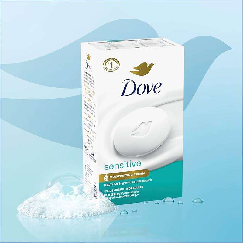 Dove Beauty Bar Soap Sensitive, 8 Bars for Sensitive Skin, Fragrance Free and Hypoallergenic 3.75 oz | For sensitive skin, Helps cleanse gently, With 1/4 moisturizing cream, For face, body & hands, Fragrance-free - Image 7