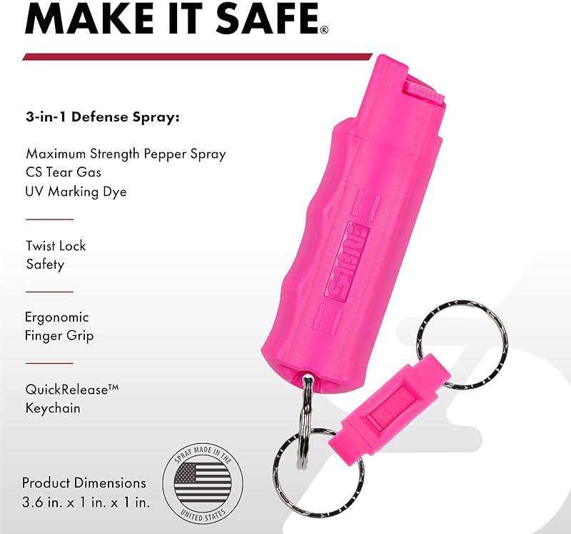 SABRE 3‑in‑1 Defense Pepper Spray with Tear Gas & UV Marking Dye - Twist-Lock Safety, Quick-Release Keychain, Maximum Strength OC for Self Defense, 14-ft Range, 10 Second Spray Time, 0.54 fl oz - Image 2