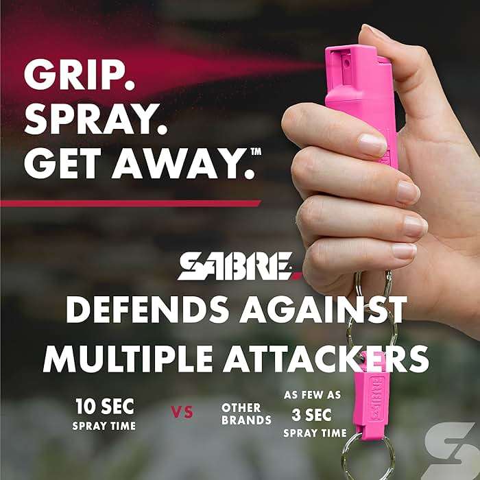 SABRE 3‑in‑1 Defense Pepper Spray with Tear Gas & UV Marking Dye - Twist-Lock Safety, Quick-Release Keychain, Maximum Strength OC for Self Defense, 14-ft Range, 10 Second Spray Time, 0.54 fl oz - Image 3
