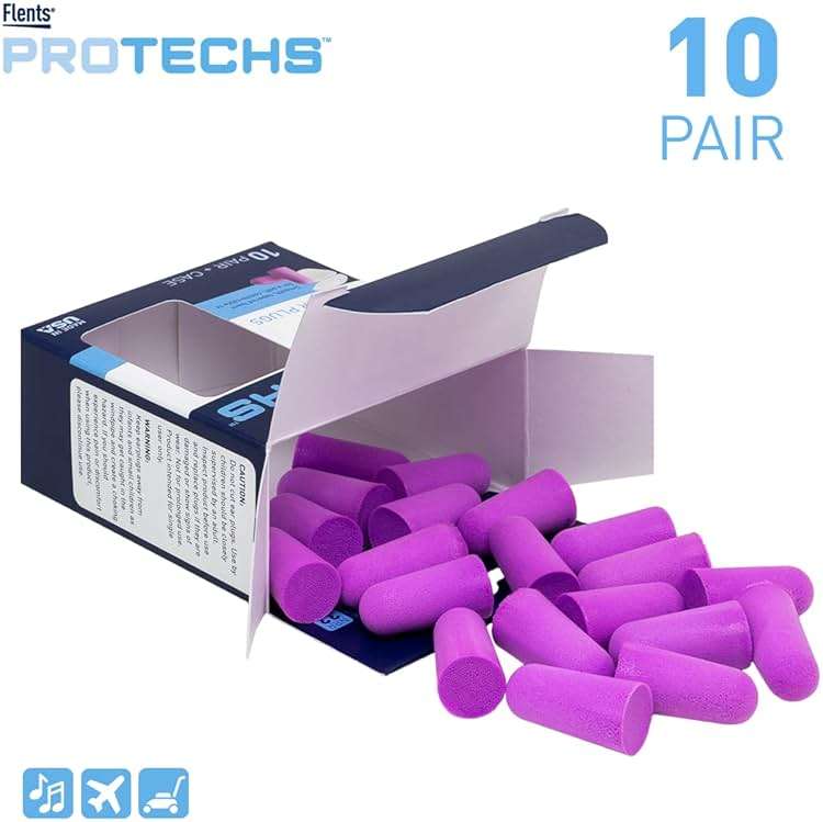 Flents Protechs Foam Ear Plugs, 10 Pair with Case for Sleeping, Snoring, Loud Noise, Traveling, Concerts, Construction, Studying, Work, Shooting, NRR 33, Purple, Disposable, Made in the USA - Image 2