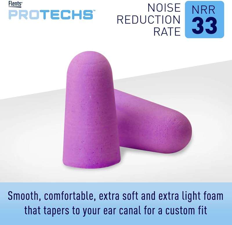 Flents Protechs Foam Ear Plugs, 10 Pair with Case for Sleeping, Snoring, Loud Noise, Traveling, Concerts, Construction, Studying, Work, Shooting, NRR 33, Purple, Disposable, Made in the USA - Image 5