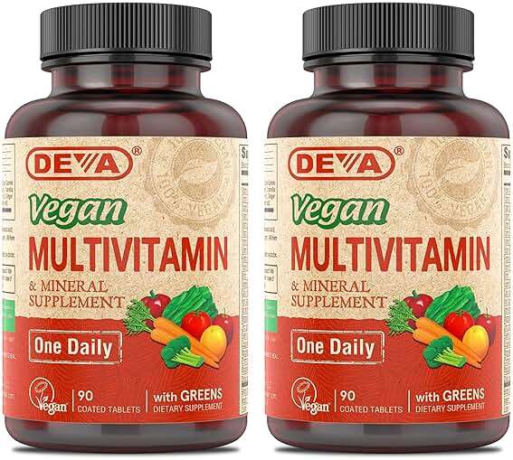 DEVA Vegan Multivitamin & Mineral Supplement with Iron 2-Pack, Spirulina, Chlorella, Ashwagandha, Broccoli & More, 90 Coated Tablets Each - Image 1