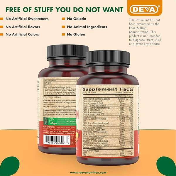 DEVA Vegan Multivitamin & Mineral Supplement with Iron 2-Pack, Spirulina, Chlorella, Ashwagandha, Broccoli & More, 90 Coated Tablets Each - Image 6