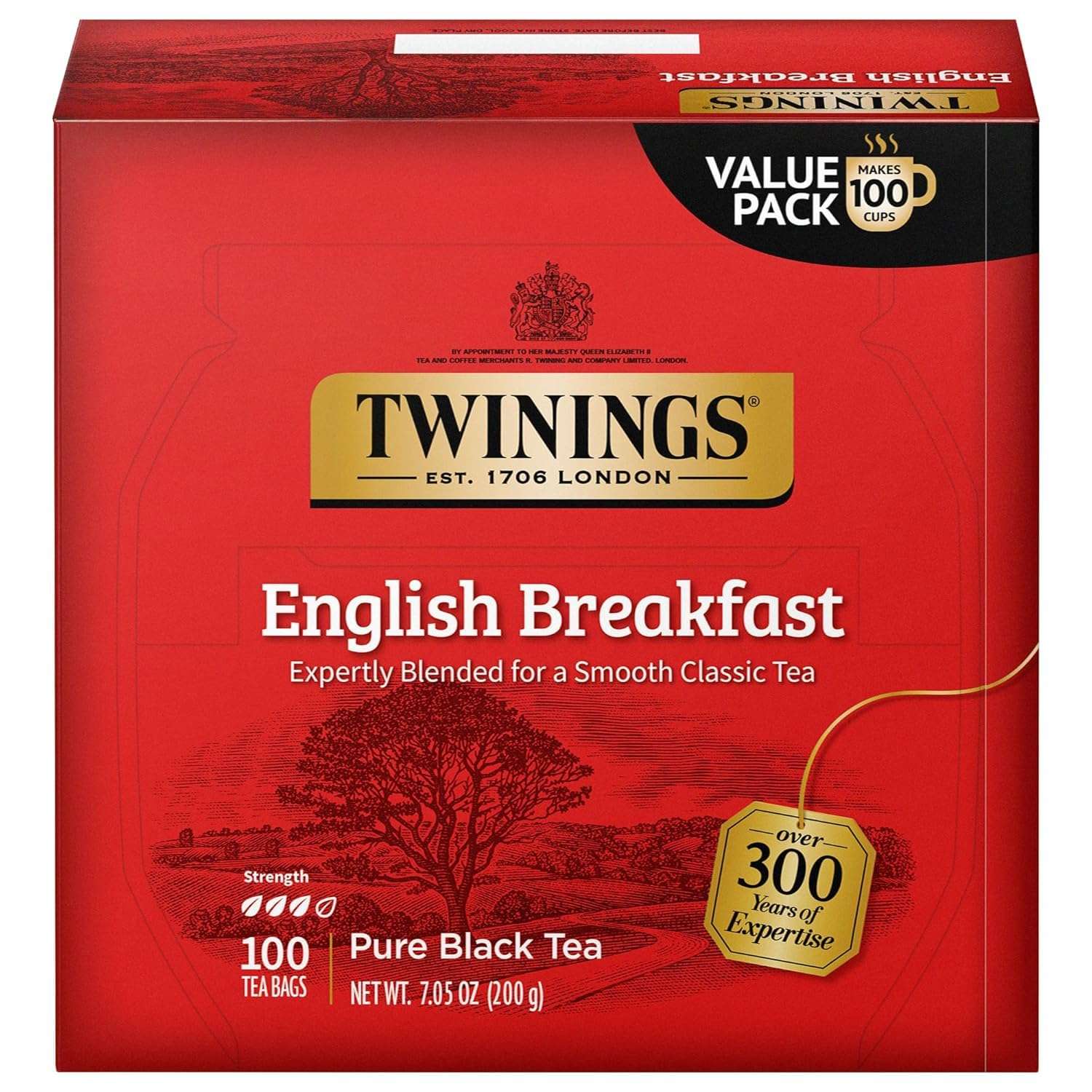 Twinings English Breakfast Black Tea Individually Wrapped Bags, 100 Count (Pack of 1), Smooth, Flavourful, and Robust, Caffeinated, Enjoy Hot or Iced, 100 Teabags - Image 1