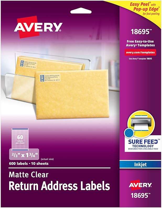 Avery Printable Return Address Labels with Sure Feed, 2/3" x 1-3/4", Matte Clear, 600 Blank Mailing Labels (18695) - Image 1