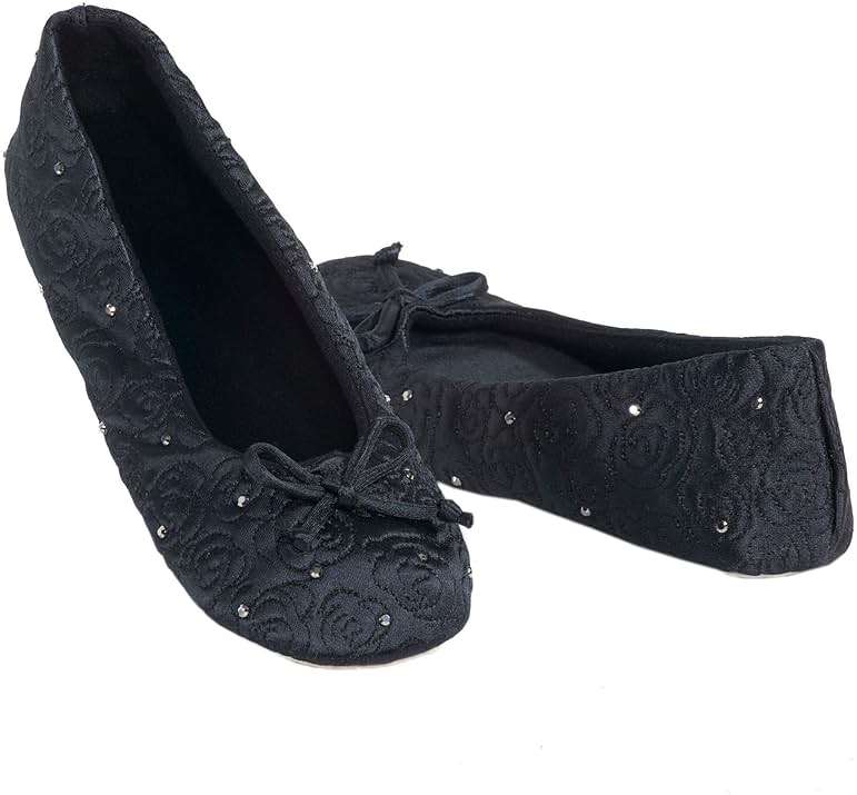isotoner Women's Rose Quilted Ballerina Slippers With Rhinestone Embellishment and Genuine Suede Sole - Image 6