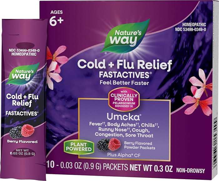 Nature's Way Cold + Flu Relief FastActives, Umcka, Homeopathic, Fever*, Sore Throat, Cough, Congestion, Phenylephrine Free, Non-Drowsy, Berry Flavored, 10 Packets (Packaging May Vary) - Image 1