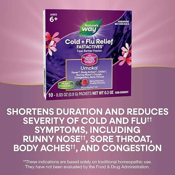 Nature's Way Cold + Flu Relief FastActives, Umcka, Homeopathic, Fever*, Sore Throat, Cough, Congestion, Phenylephrine Free, Non-Drowsy, Berry Flavored, 10 Packets (Packaging May Vary) - Image 4