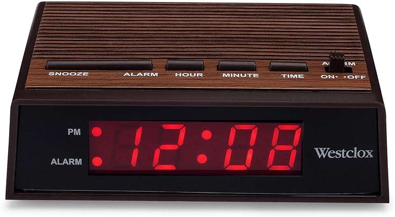 Westclox Retro Wood Style Small Night Table Alarm Clock with Red LED Display, 9-Minute Snooze, Battery Backup, Easy Electric Operation for Bedroom, Home or Office – Woodgrain - Image 1
