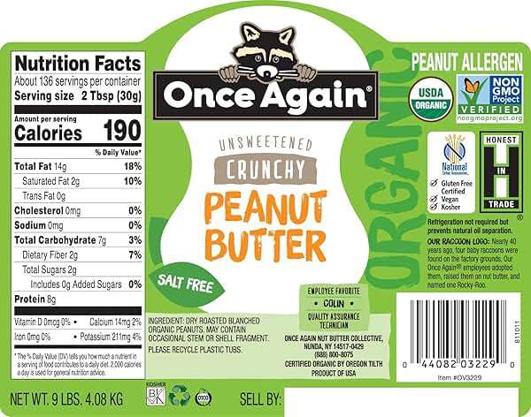 Once Again Organic Crunchy Peanut Butter, 9lbs (same as 9 jars) - Salt Free, Unsweetened - USDA Organic, Gluten Free Certified, Vegan, Kosher - Image 3