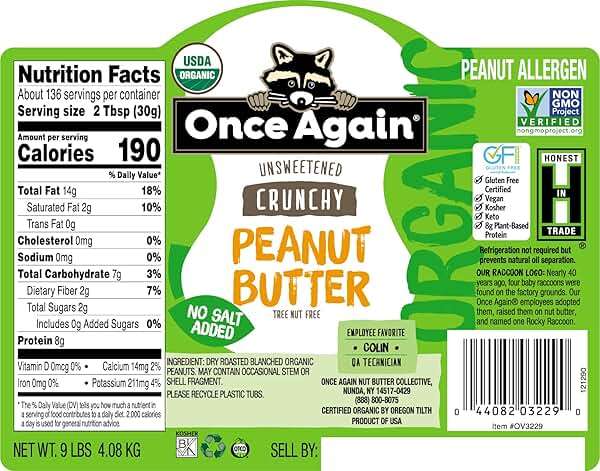 Once Again Organic Crunchy Peanut Butter, 9lbs (same as 9 jars) - Salt Free, Unsweetened - USDA Organic, Gluten Free Certified, Vegan, Kosher - Image 4