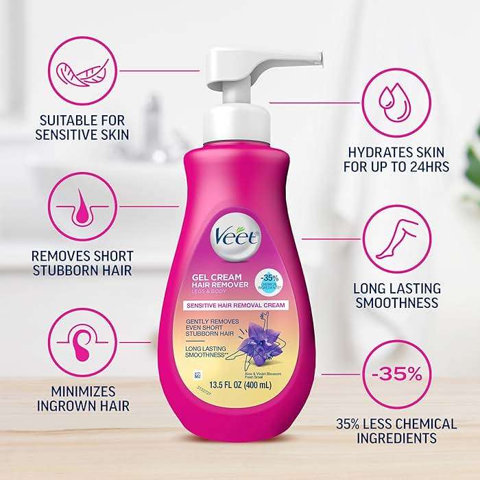 Veet Sensitive Skin Hair Removal Cream For Women, Painless Bikini Hair Removal Gel, Dermatologically Tested Depilatory Cream For Bikini Line, Legs, Arms, Underarms, 13.5 FL OZ Pump Bottle with Tool - Image 4