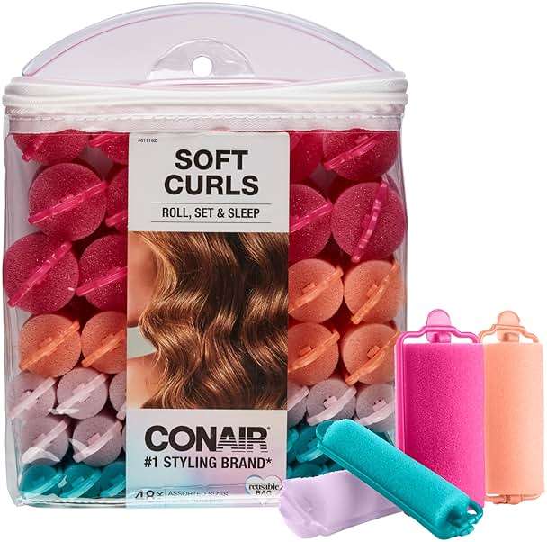 Conair Foam Overnight Heatless Curls Hair Rollers | Snaps-shut overnight foam curlers for damage-free curls and volume, Assorted Colors, 48-Count, Model GR61118IN1L9 - Image 1