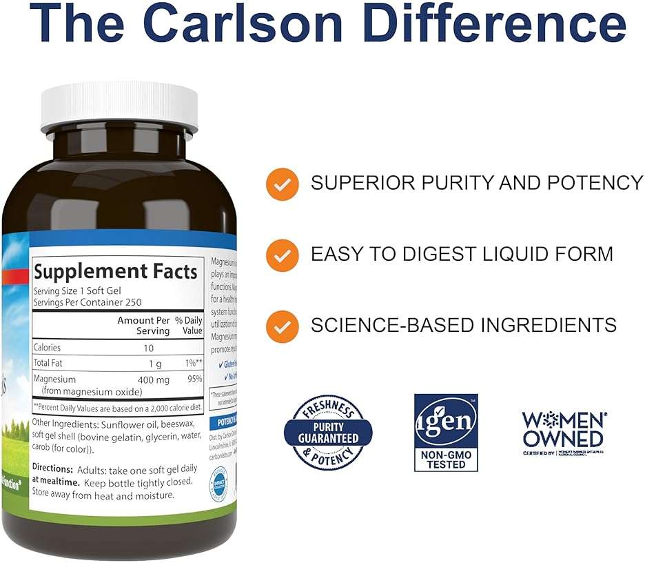 Carlson - Magnesium Gels, 400 mg of Magnesium per Softgel, Heart & Muscle Support, Magnesium Gel Caps, Bowel Function, Magnesium Supplement, 250 Softgels - Image 2