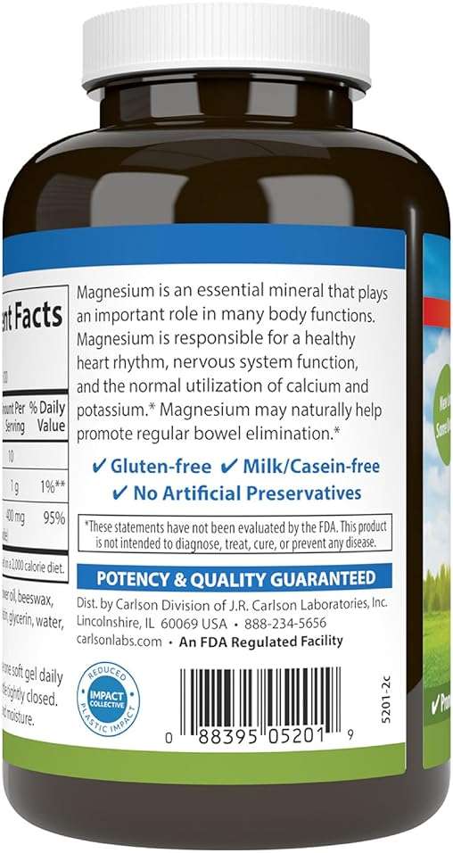 Carlson - Magnesium Gels, 400 mg of Magnesium per Softgel, Heart & Muscle Support, Magnesium Gel Caps, Bowel Function, Magnesium Supplement, 250 Softgels - Image 7