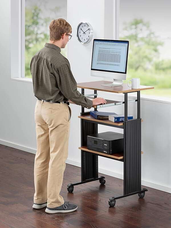 Safco 1929CY MUV Mobile Stand-Up Height-Adjustable Desk,Keyboard Storage, Steel Frame Construction, Durable Melamine Laminate Work Surface, 4 Wheels, Narrow Design - Image 2