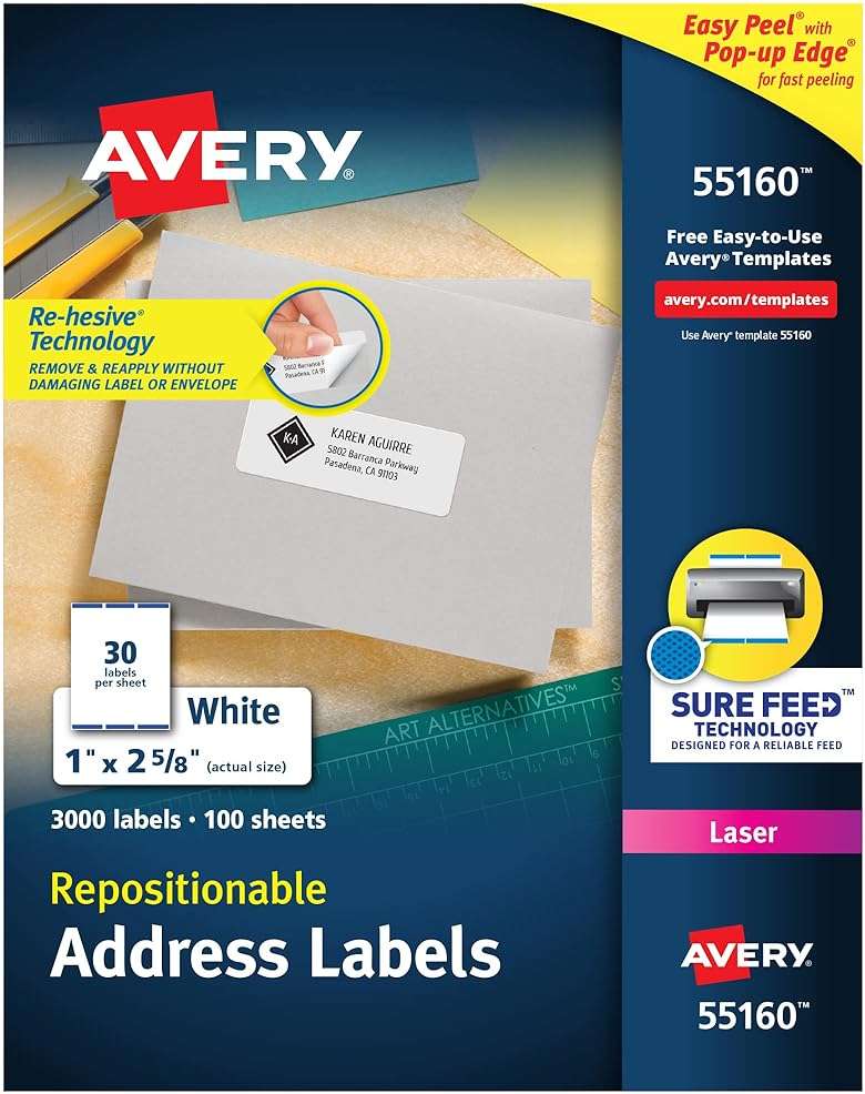 Avery Repositionable Printable Address Labels with Sure Feed, 1" x 2-5/8", White, 3,000 Blank Mailing Labels (55160) - Image 1