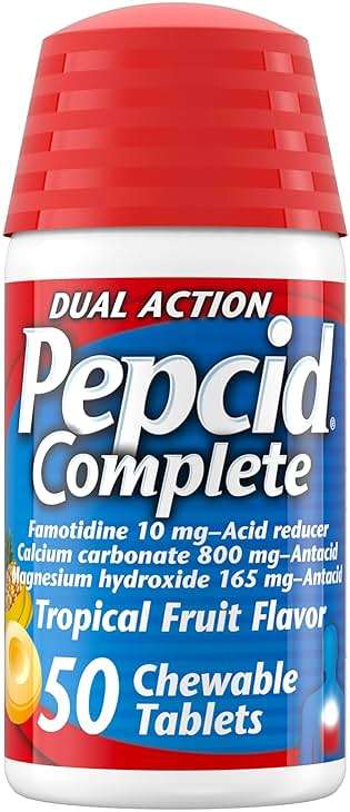 Pepcid Complete Acid Reducer + Antacid for Acid Reflux, 10mg Famotidine, 800mg Calcium Carbonate & 165mg Magnesium Hydroxide per Heartburn Tablet, Antacid Chews, Tropical Fruit, 50 ct - Image 1