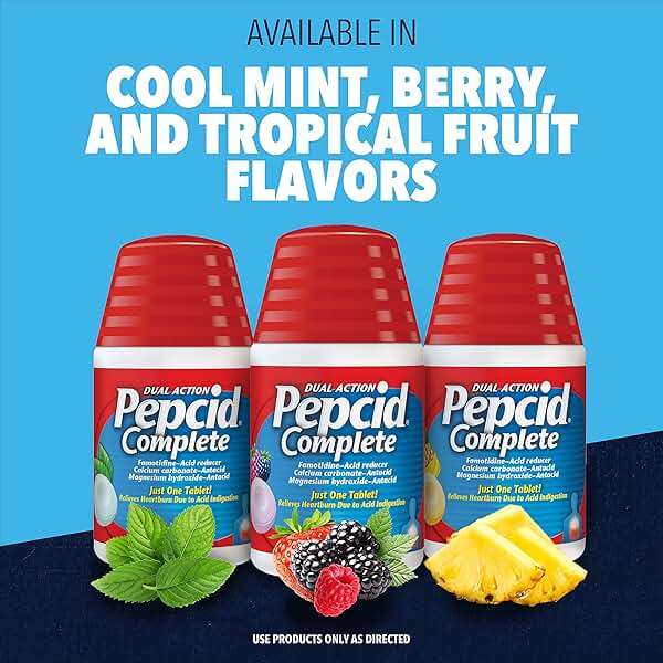 Pepcid Complete Acid Reducer + Antacid for Acid Reflux, 10mg Famotidine, 800mg Calcium Carbonate & 165mg Magnesium Hydroxide per Heartburn Tablet, Antacid Chews, Tropical Fruit, 50 ct - Image 4