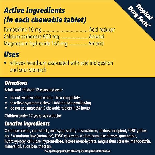 Pepcid Complete Acid Reducer + Antacid for Acid Reflux, 10mg Famotidine, 800mg Calcium Carbonate & 165mg Magnesium Hydroxide per Heartburn Tablet, Antacid Chews, Tropical Fruit, 50 ct - Image 6