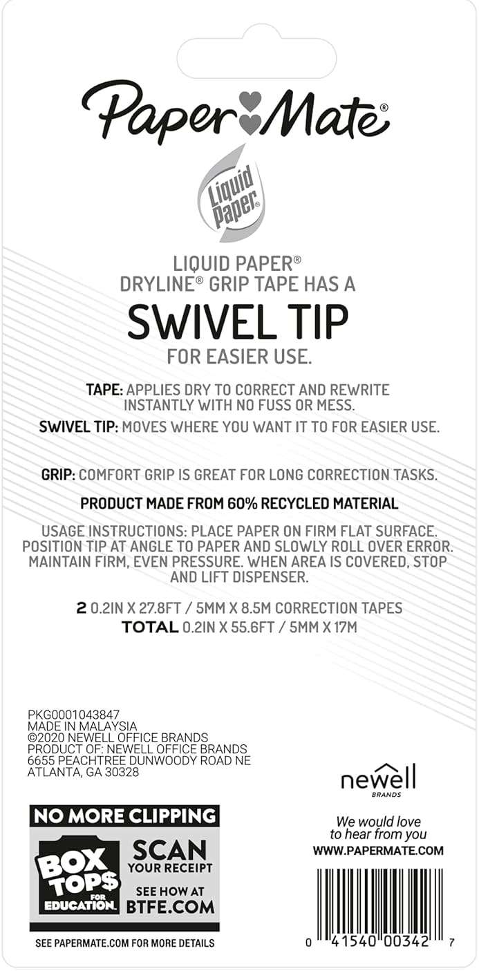 Paper Mate Liquid Paper DryLine Grip Correction Tape, Mess-Free, Recycled, 2 Count - Home, Office, Teacher Supplies, College Essentials - Image 2