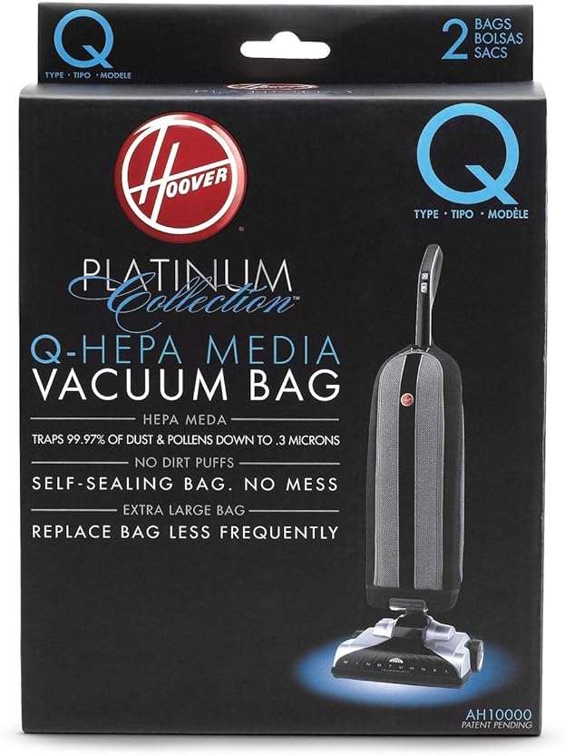 Hoover Vacuum Cleaner Bags for Platinum Upright Vacs, Pack of 2, Type Q, Hepa Filtration, Part # AH10000, Hoover Vacuum Bags Refill - Image 1