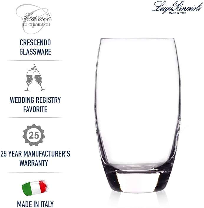 Luigi Bormioli Crescendo Highball Glasses, Set of 4-20 Oz Lead-Free Crystal Tall Tumblers with Thick Base - Laser Cut Rims, Classic for Cocktails, Water, Long Drinks - Made in Italy, Dishwasher Safe - Image 6