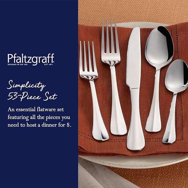 Pfaltzgraff Simplicity 53-Piece Flatware Set, 18/0 Stainless Steel Silverware Set for 8 with Serving Utensils, Classic Dining Cutlery for Everyday Use and Entertaining - Image 4