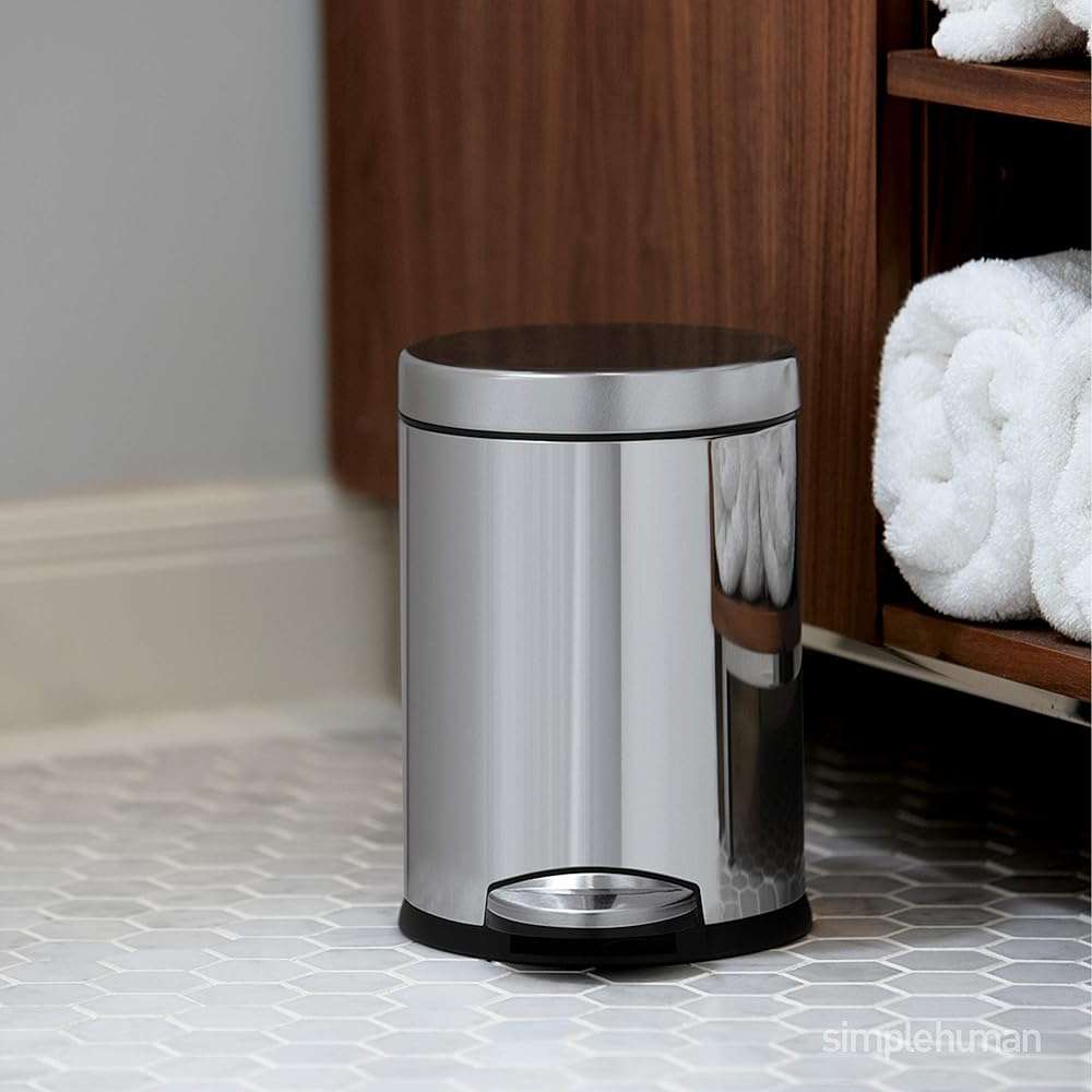 simplehuman Round Step Can, 4.5L / 1.2 Gallon Compact Bathroom Trash Can, 150,000-Step Pedal, Lid Shox® Silent Close, Removable Inner Bucket, Brushed Stainless Steel - Image 2
