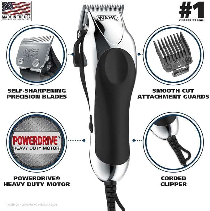 Wahl USA Chrome Pro Corded Clipper Complete Haircutting Kit for Men – Powerful Total Hair Clipping, Beard Trimming, & Grooming - Model 3024635 - Image 2