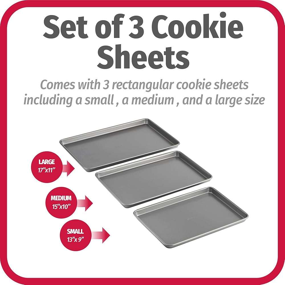 GoodCook Everyday Nonstick Baking Sheet Set, 3 Pack Includes Small (13×9) Medium (15×1) and Large (17×11) Pans Carbon Steel Construction Cookie Sheets Bakeware Set, Gray - Image 3