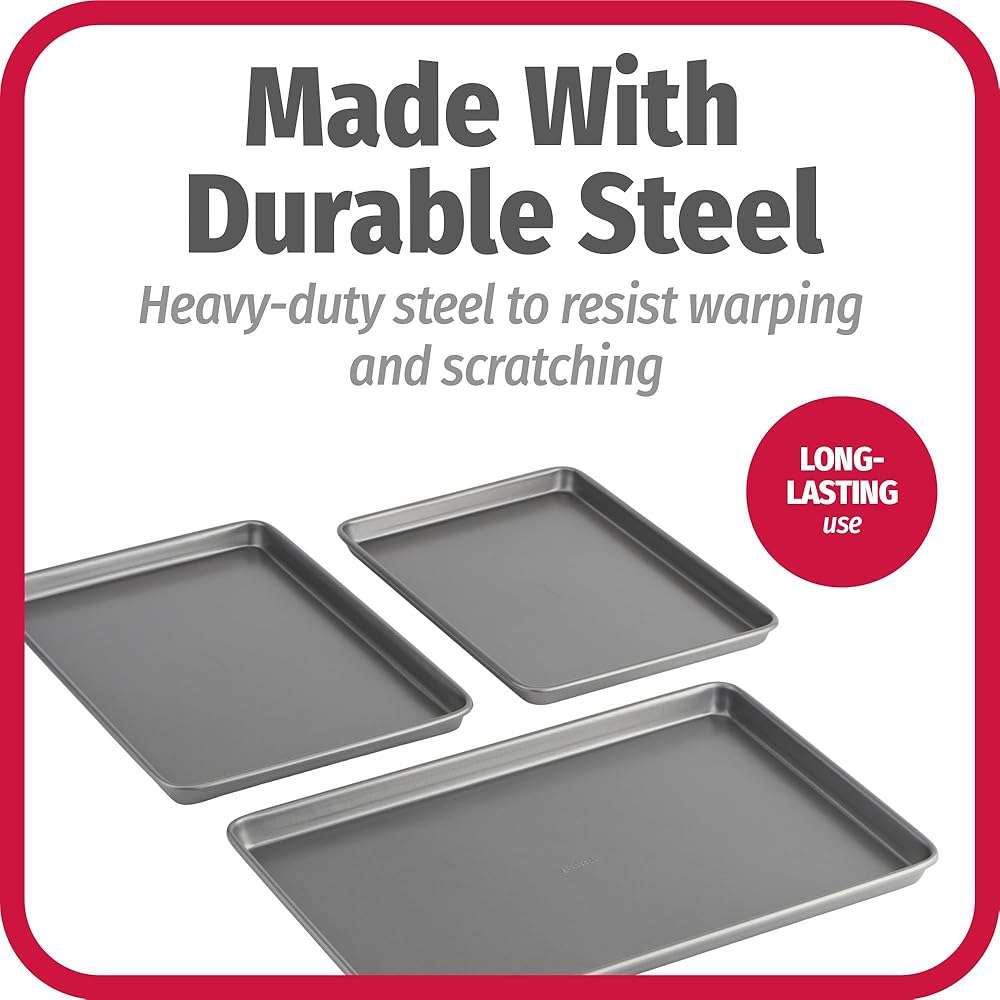 GoodCook Everyday Nonstick Baking Sheet Set, 3 Pack Includes Small (13×9) Medium (15×1) and Large (17×11) Pans Carbon Steel Construction Cookie Sheets Bakeware Set, Gray - Image 6